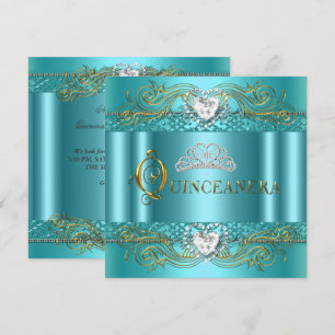 Teal Blue Silver Gold Quinceanera Birthday Party Invitation