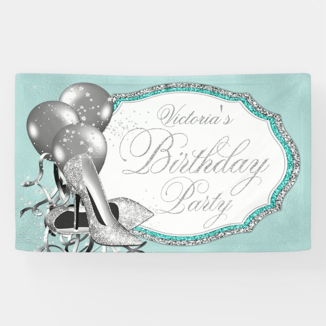 Teal Blue Silver High Heel Shoe Birthday Party Banner (Horizontal)