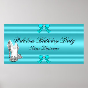 Teal Blue Silver High Heels Birthday Banner Poster