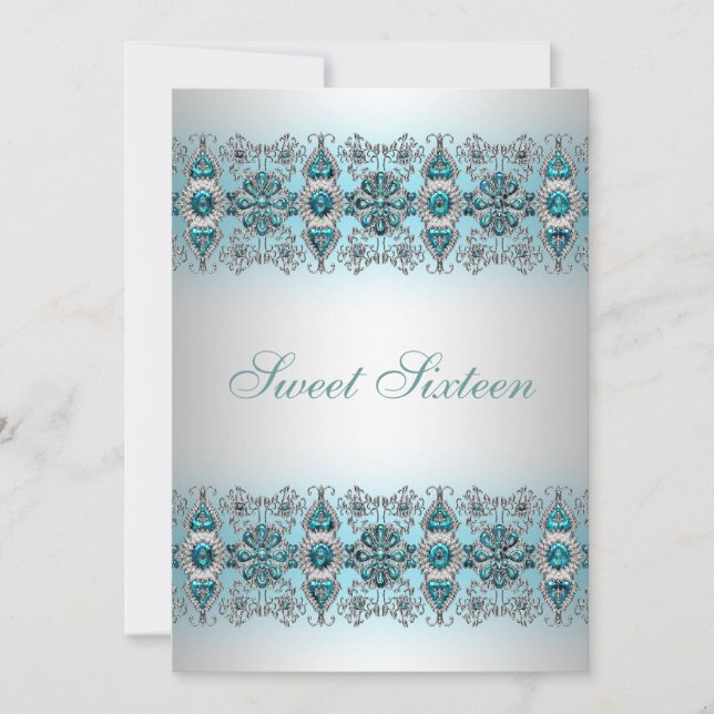 Teal Blue Silver Lace Sweet Sixteen Invitation (Front)