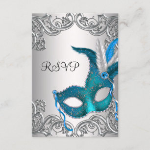 Teal Blue Silver Mask Masquerade Party RSVP Card