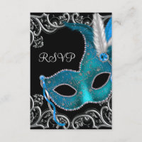 Teal Blue Silver Mask Masquerade Party RSVP