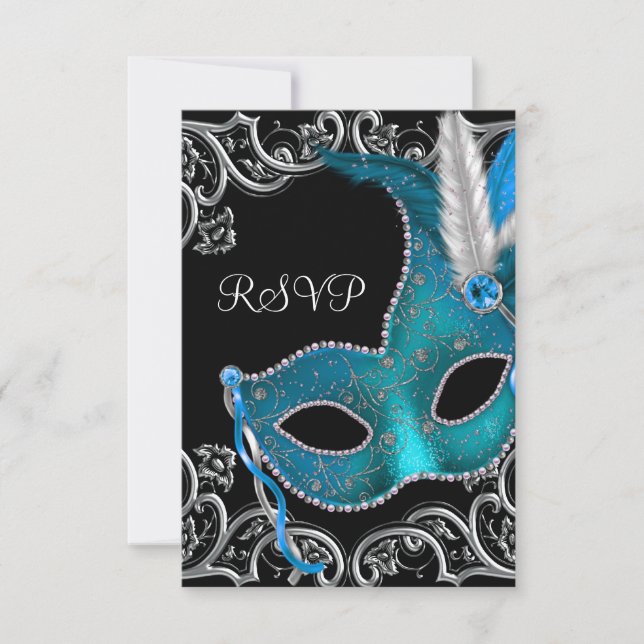 Teal Blue Silver Mask Masquerade Party RSVP Card (Front)