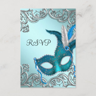 Teal Blue Silver Mask Masquerade Party RSVP Card