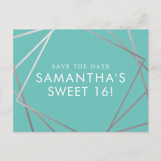 Teal Blue Silver Modern Sweet 16 Save the Date Announcement Postcard (Front)
