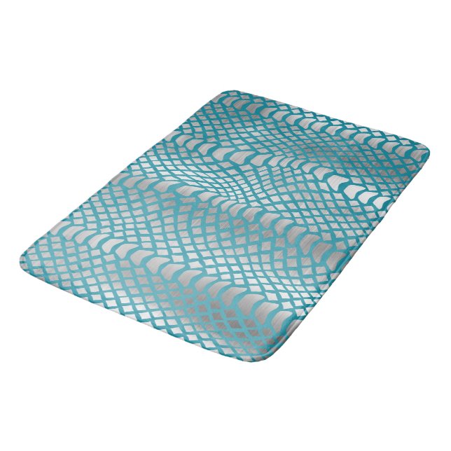 Teal Blue Silver Snake Print Bath Mat (Angled)