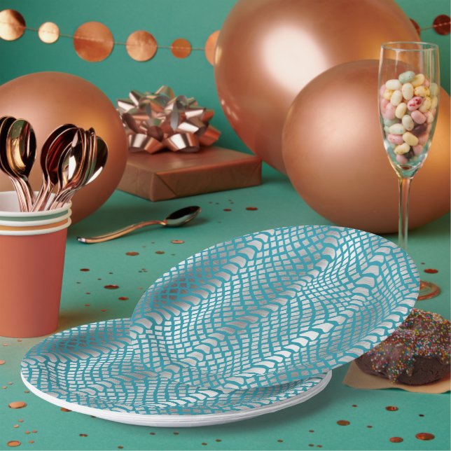 Teal Blue Silver Snake Print Paper Plate (Multi)