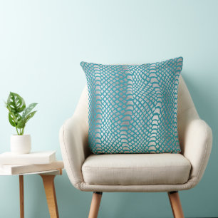 Teal Blue Silver Snake Print Throw Pillow
