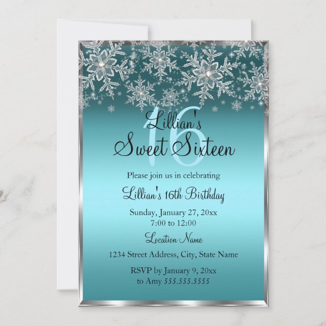 Teal Blue Silver Snowflake Sweet 16 Invitation (Front)