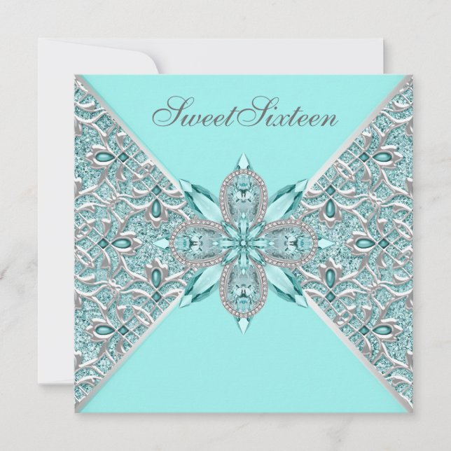 Teal Blue Silver Sweet Sixteen Birthday Party Invitation (Front)
