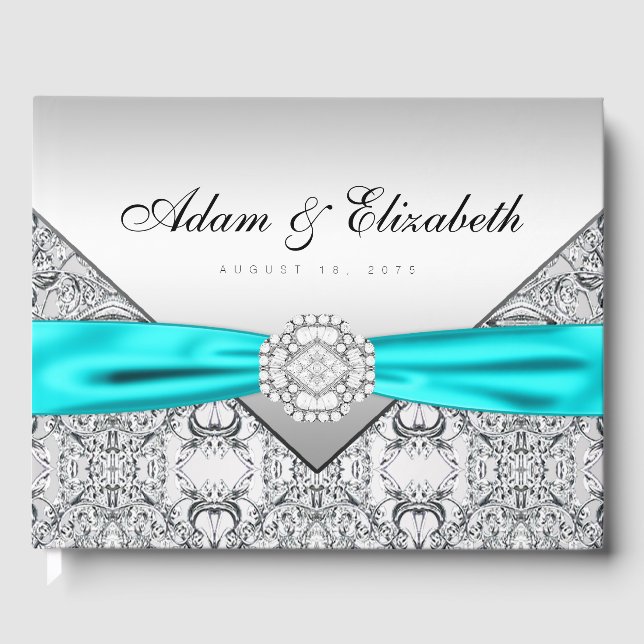 Teal Blue Silver Wedding Guest Book (Front)