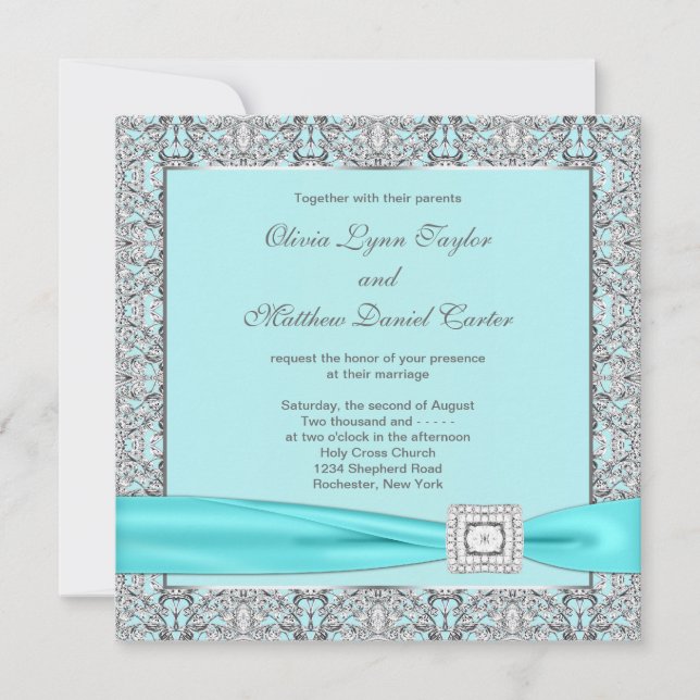 Teal Blue Silver Wedding Invitation (Front)