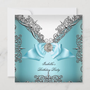 Teal blue Silver white Birthday Party Invitation