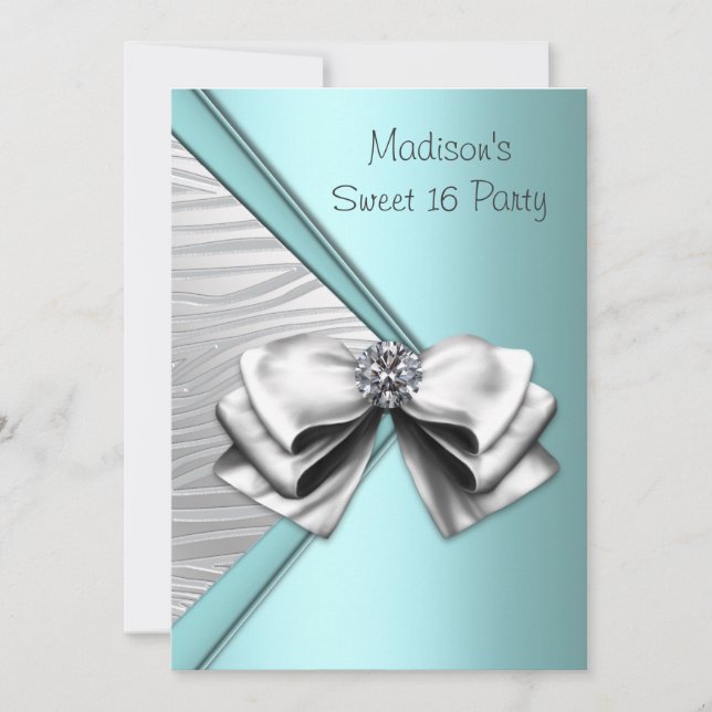 Teal Blue Silver Zebra Sweet 16 Party Invitation (Front)