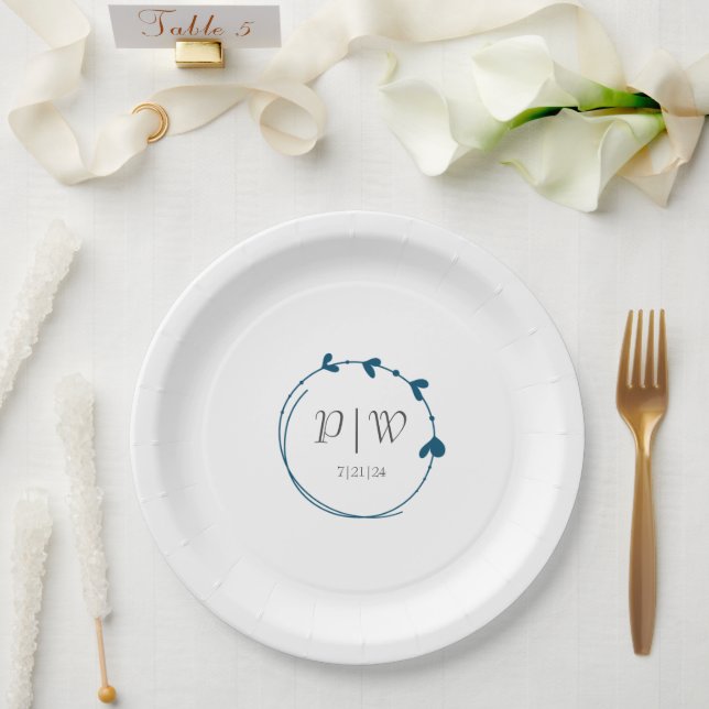 Teal Blue Simple Heart Wreath Monogram Wedding Paper Plate (Wedding)