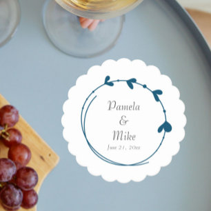 Teal Blue Simple Heart Wreath Wedding Paper Coaster