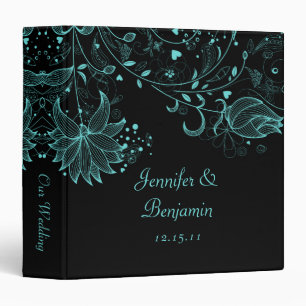 Teal Blue Sketched Flowers on Black Photo Album Binder