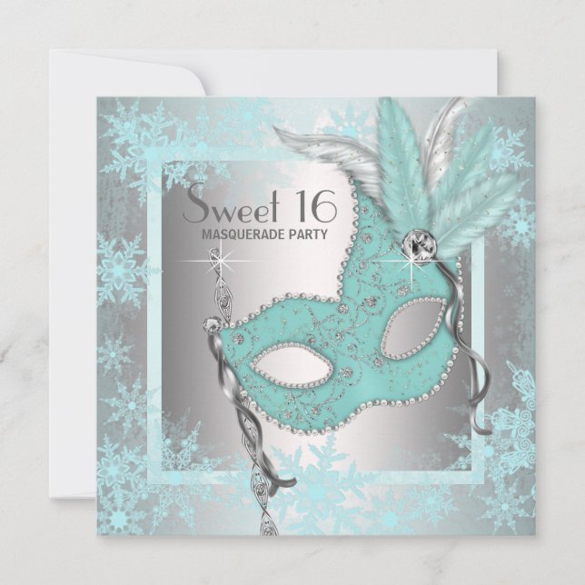 Teal Blue Snowflake Sweet 16 Masquerade Party Invitation (Front)