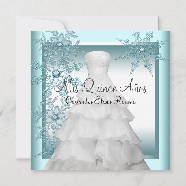 Teal Blue Snowflake Winter Wonderland Quinceanera Invitation (Front)