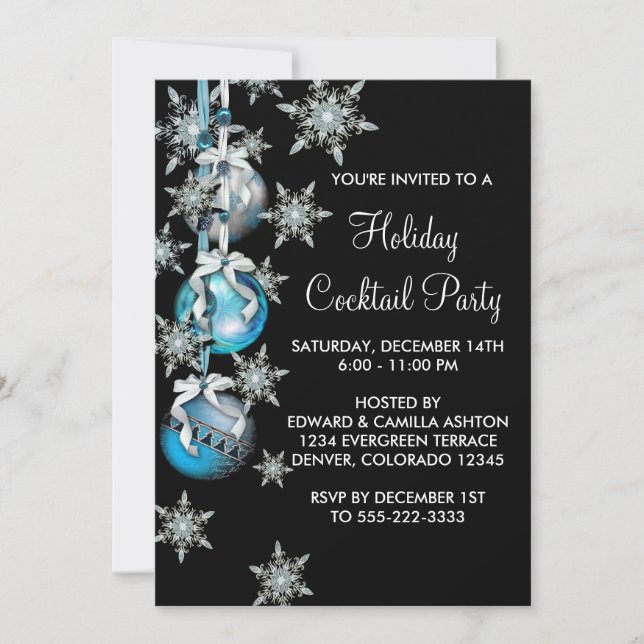 Teal Blue Snowflakes Ornaments Christmas Party Invitation (Front)