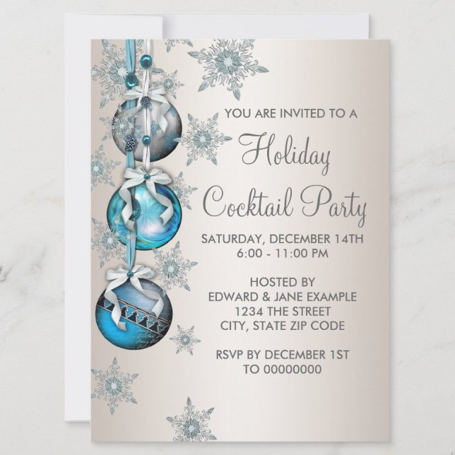 Teal Blue Snowflakes Ornaments Christmas Party Invitation (Front)