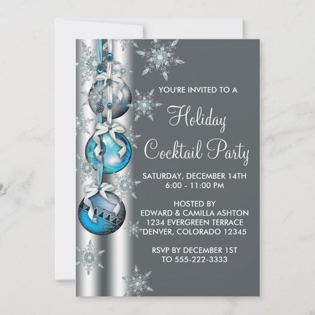 Teal Blue Snowflakes Ornaments Christmas Party Invitation (Front)