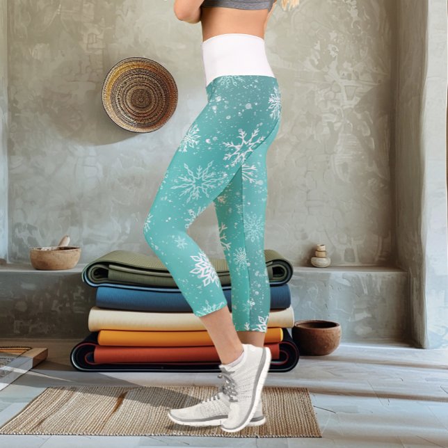 Teal Blue Snowflakes Pattern Soft Winter Frost Capri Leggings (Creator Uploaded)
