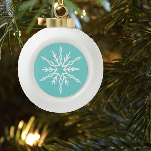 Teal Blue Snowflakes Pattern Soft Winter Frost Ceramic Ball Christmas Ornament