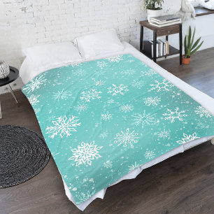 Teal Blue Snowflakes Pattern Soft Winter Frost Fleece Blanket