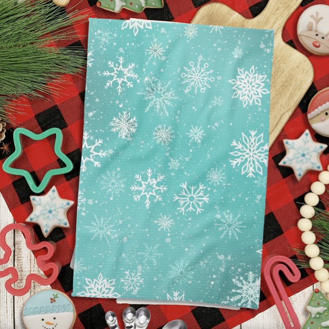 Teal Blue Snowflakes Pattern Soft Winter Frost Kitchen Towel (Creator Uploaded)