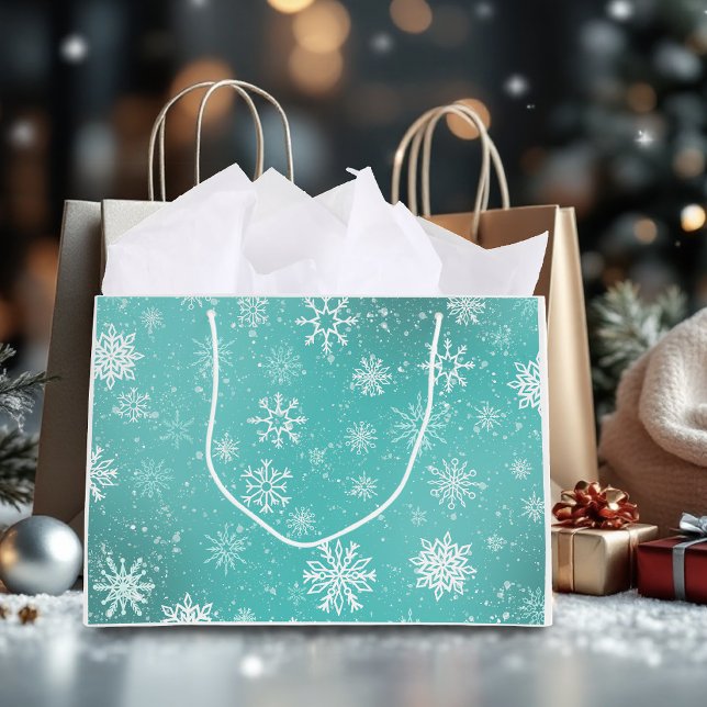 Teal Blue Snowflakes Pattern Soft Winter Frost Large Gift Bag (Creator Uploaded)