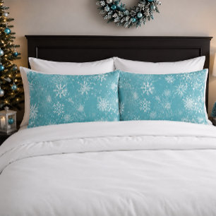 Teal Blue Snowflakes Pattern Soft Winter Frost Pillowcase