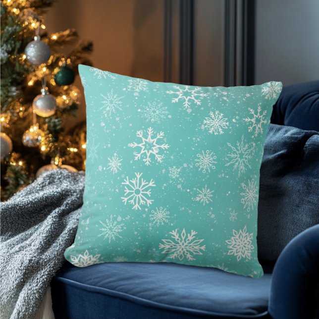 Teal Blue Snowflakes Pattern Soft Winter Frost Throw Pillow (Creator Uploaded)