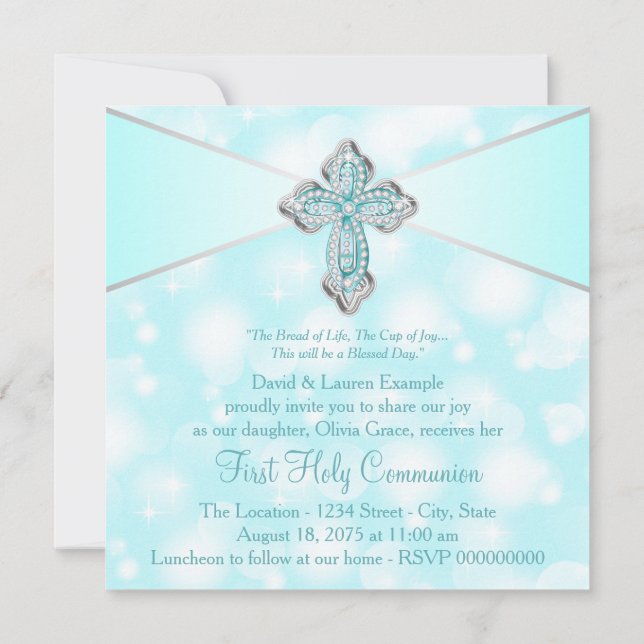 Teal Blue Sparkle First Holy Communion Invitation (Back)