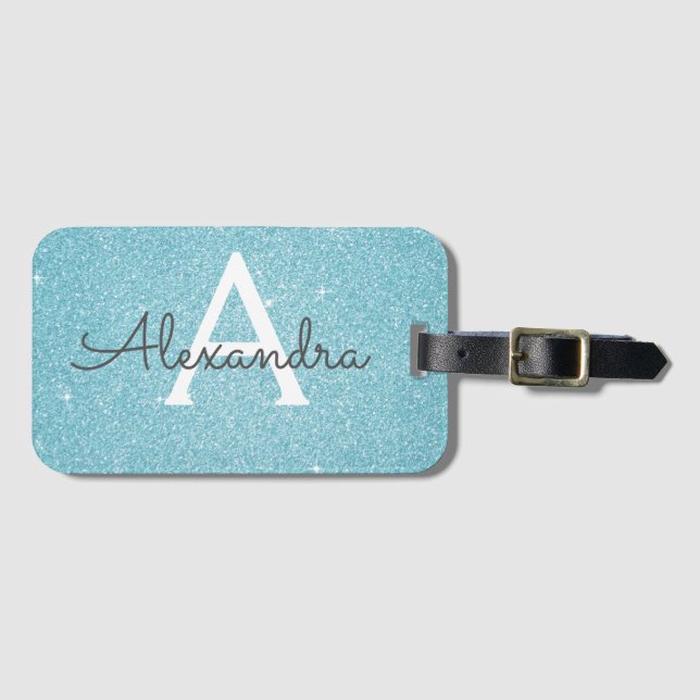 Teal Blue Sparkle Glitter Monogram Name Luggage Tag (Front Horizontal)