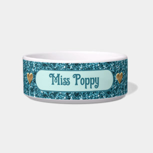 Teal Blue Sparkling Glitter and Gold Hearts Bowl