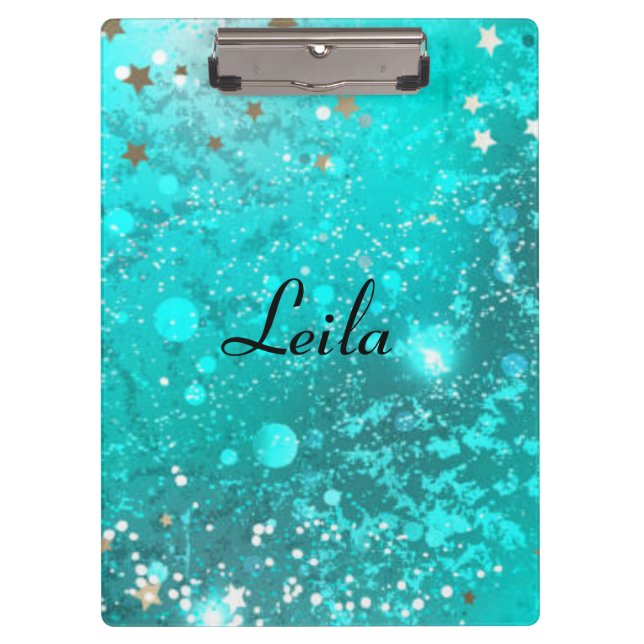 Teal Blue Sparkly Glitter Name Aqua Clipboard (Front)