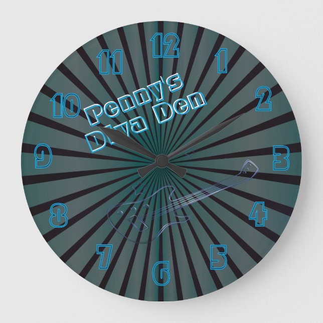 Teal Blue Spiral Guitar Diva Den Personalized Large Clock (Front)
