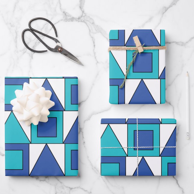 Teal Blue Square Triangle Geometric Wrapping Paper Sheet (Front)