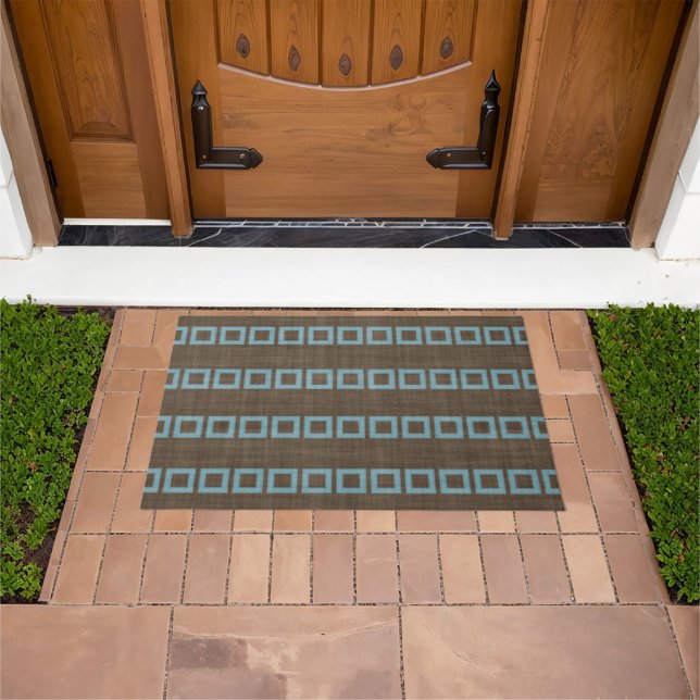 Teal Blue Squares Art Pattern On Dark Coffee Brown Doormat (Outdoor)