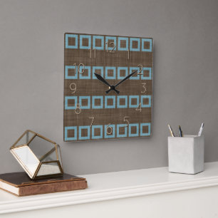 Teal Blue Squares Pattern On Dark Coffee Brown Square Wall Clock