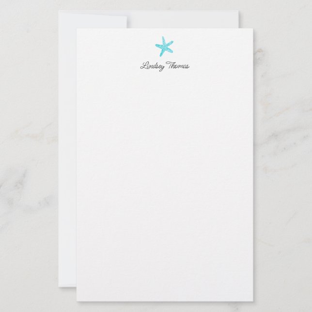 Teal Blue Starfish Personalized Stationery Paper (Front)