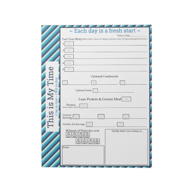 Teal/Blue Striped 5-1 Meal Tracker Notepad (Rotated)