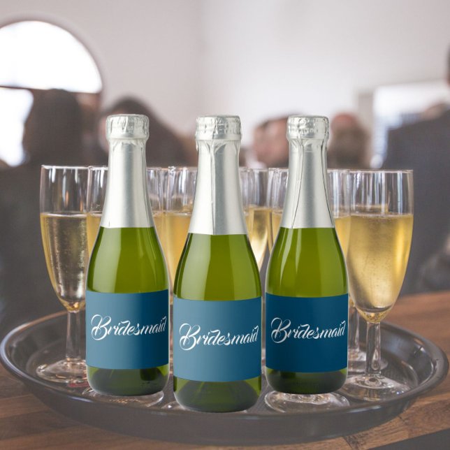 Teal Blue Stylized Script Wedding Bridesmaid Sparkling Wine Label (In Situ Wedding)