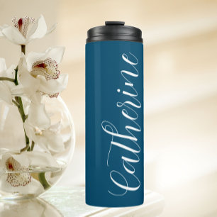 Teal Blue Stylized Wedding Bridesmaid Name Thermal Tumbler
