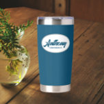 Teal Blue Stylized Wedding Groomsman Name Insulated Tumbler<br><div class="desc">Gift your wedding groomsman with this trendy and personalized,  stainless steel,  thermal tumbler with his name in stylized script in a white oval design. Background and script is a teal blue colour. Personalize your thermal tumbler by editing and replacing groomsman's name with desired name.</div>