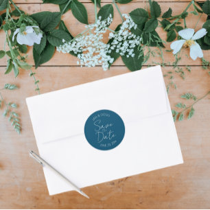Teal Blue Stylized Wedding Save the Date Classic Round Sticker