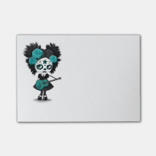 Teal Blue Sugar Skull Girl Playing the Guitar Post-it Notes