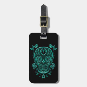 Teal Blue Sugar Skull with Roses on Black Luggage Tag