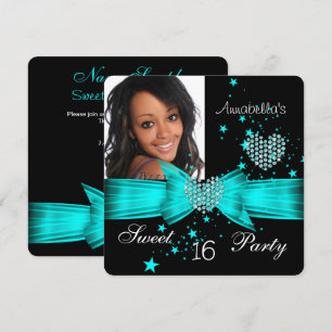 Teal Blue Sweet 16 Birthday Party Diamond Photo Invitation